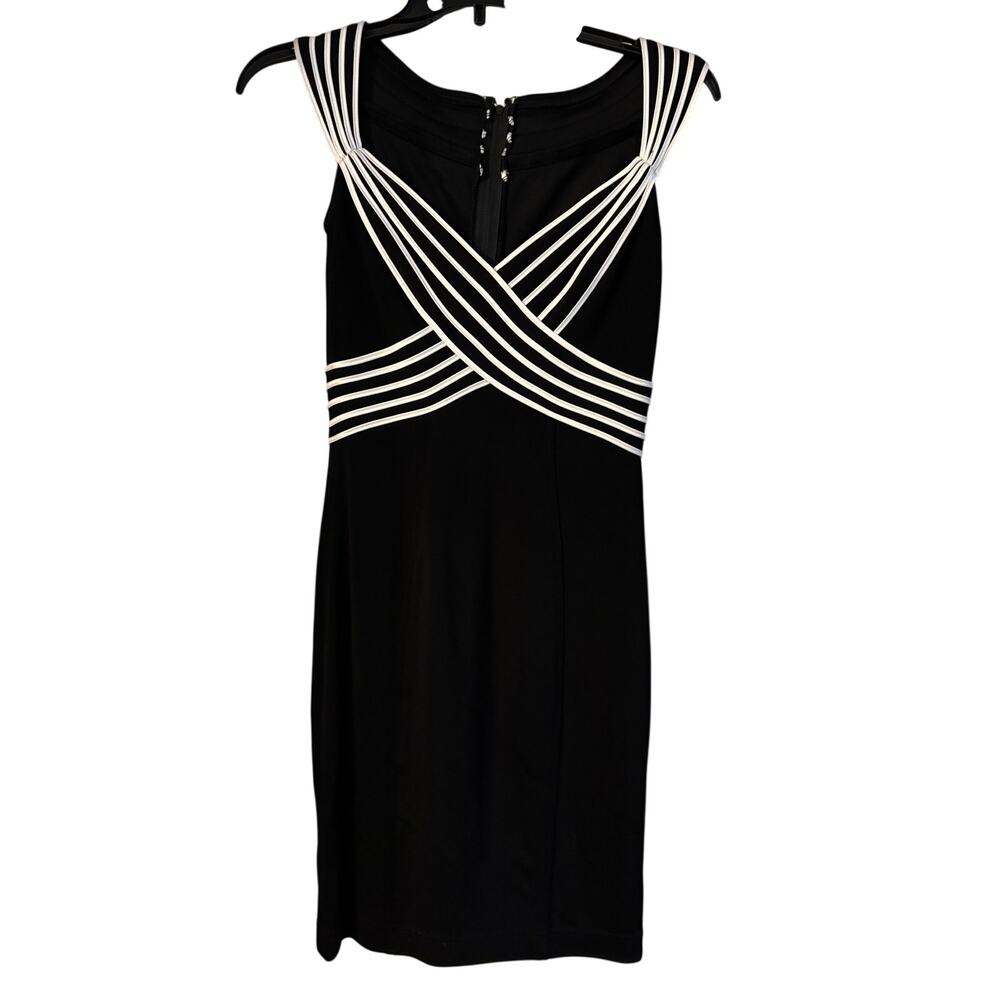 Tadashi Cocktail LBD Dress Bandage Bodycon Vtg 90's Black White Trim Size XS